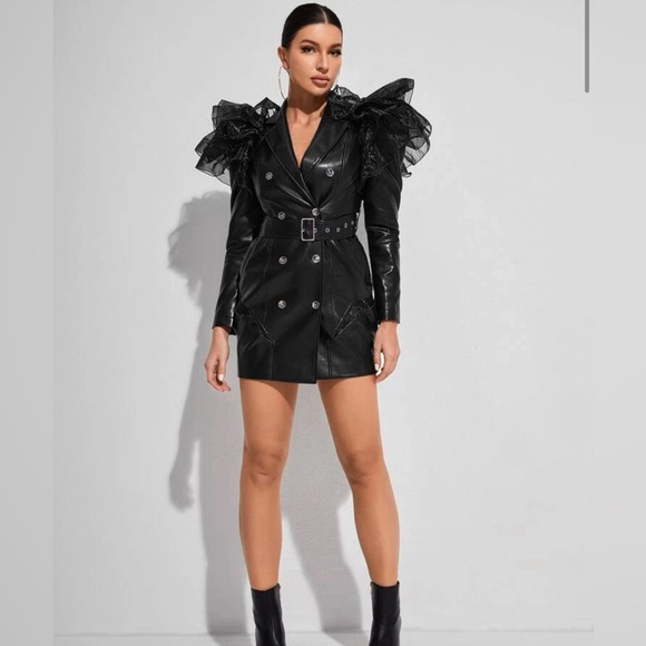Exaggerated Ruffle Double Button Belted PU Leather Blazer Dress Size S - Picture 3 of 8